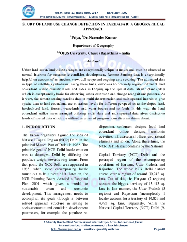 (PDF) STUDY OF LAND USE CHANGE DETECTION IN FARIDABAD: A GEOGRAPHICAL ...
