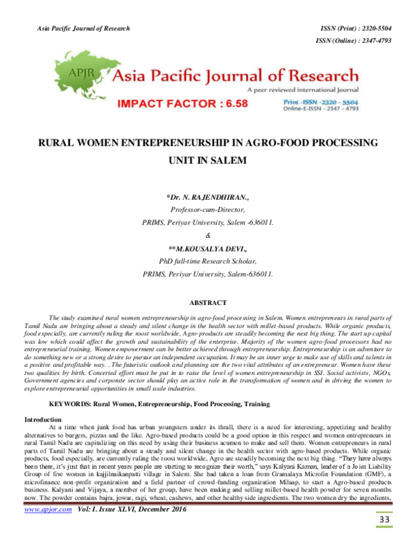 (PDF) RURAL WOMEN ENTREPRENEURSHIP IN AGRO-FOOD PROCESSING UNIT IN SALEM
