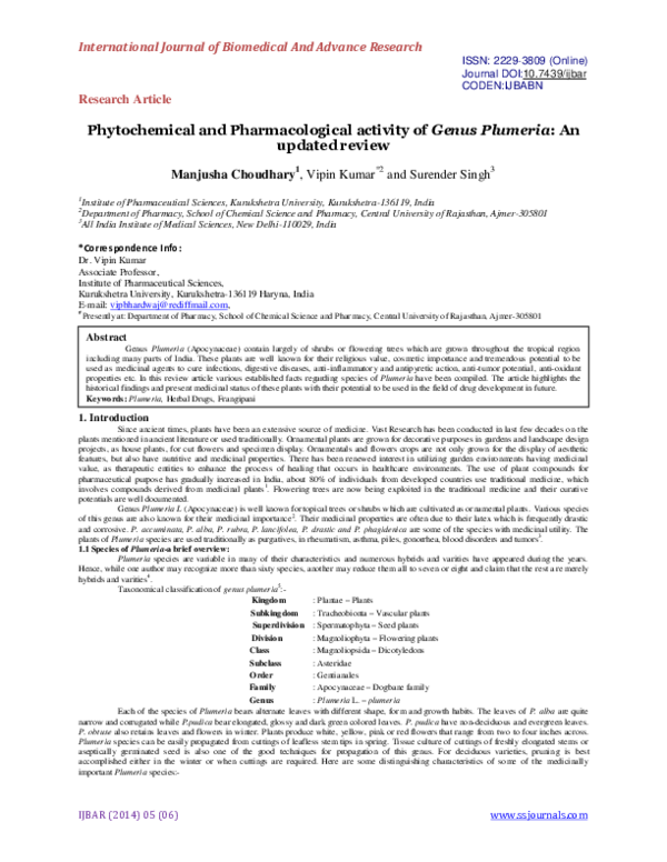 (PDF) Phytochemical and Pharmacological activity of Genus Plumeria: An ...