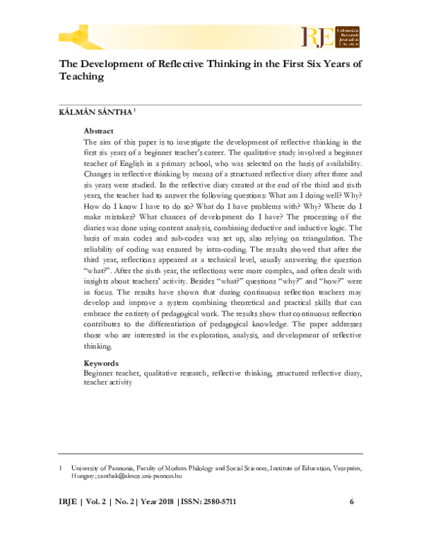 (PDF) The Development of Reflective Thinking in the First Six Years of ...