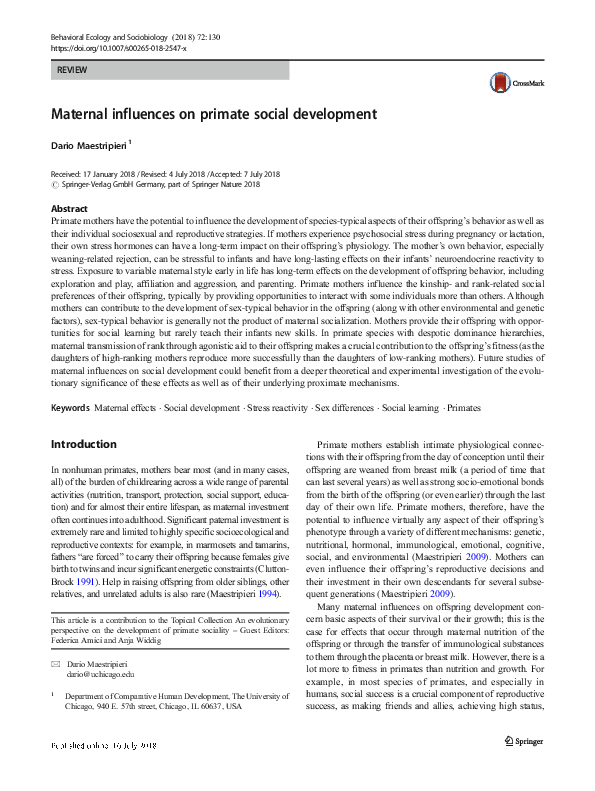 (PDF) Maternal influences on primate social development