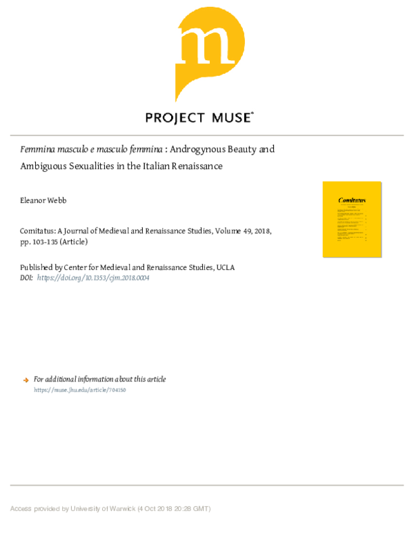 Femmina masculo e masculo femmina: Androgynous Beauty and Ambiguous Sexualities in the Italian Renaissance