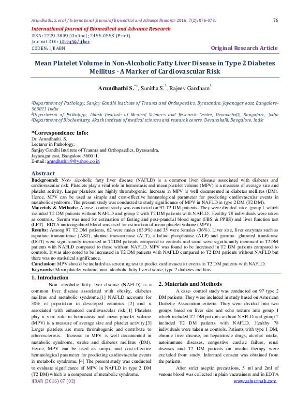 (PDF) Mean Platelet Volume in Non-Alcoholic Fatty Liver Disease in Type ...