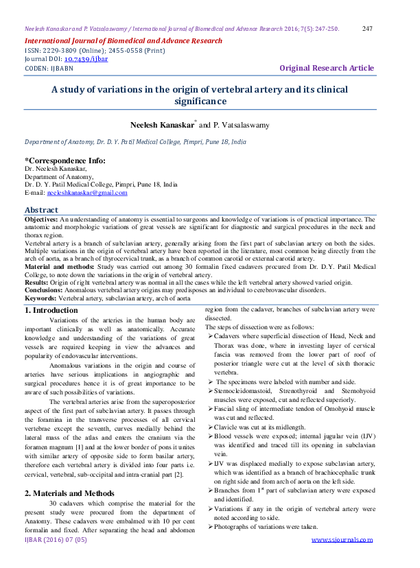 (PDF) A study of variations in the origin of vertebral artery and its ...