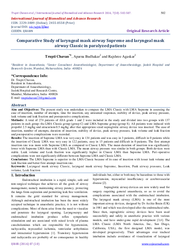 (PDF) Comparative Study of laryngeal mask airway Supreme and laryngeal