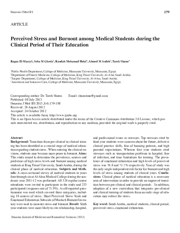 (PDF) Perceived Stress and Burnout among Medical Students during the ...