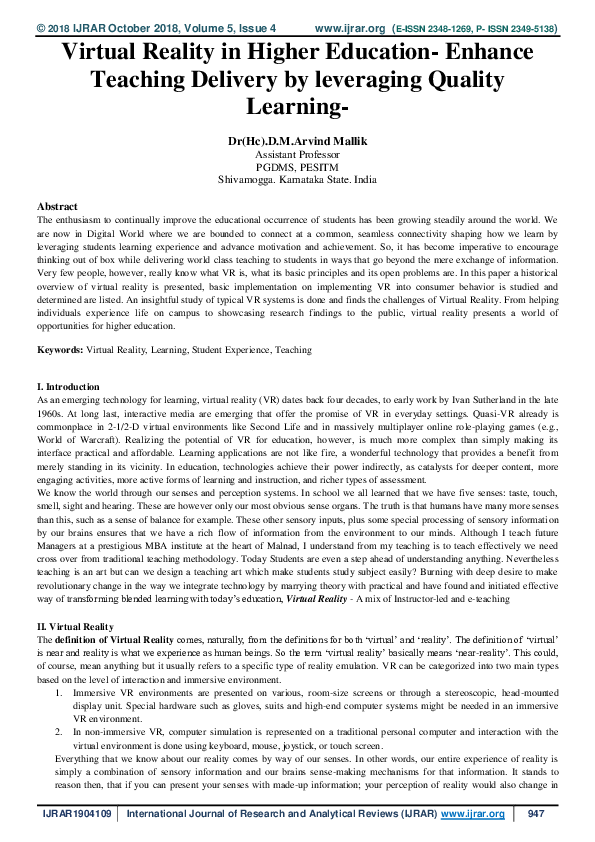 (PDF) Virtual Reality in Higher EducationEnhance Teaching Delivery by leveraging Quality