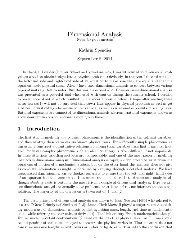 (PDF) Notes on dimensional analysis Kathrin Spendier Academia.edu