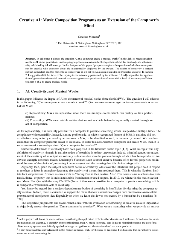 (DOC) Creative AI: Music Composition Programs as an Extension of the ...