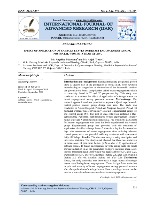 (PDF) EFFECT OF APPLICATION OF CABBAGE LEAVES ON BREAST