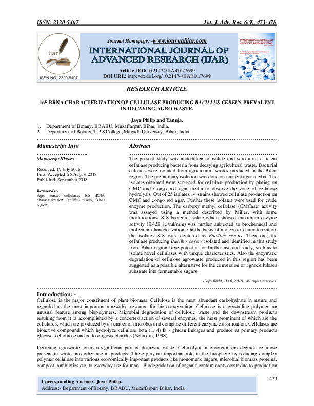 Pdf 16s Rrna Characterization Of Cellulase Producing Bacillus Cereus Prevalent In Decaying Agro Waste Ijar Indexing Academia Edu