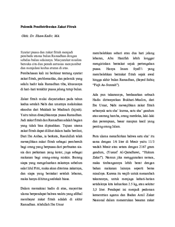 Pdf Polemik Pendistribusian Zakat Fitrah Ilham Kadir Academia Edu