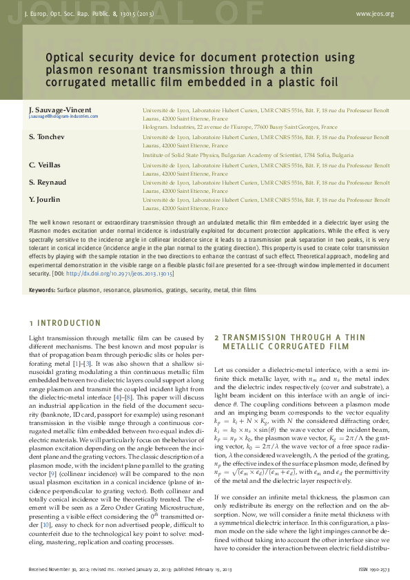 (PDF) Optical security device for document protection using plasmon ...