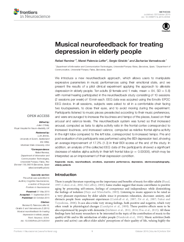 (PDF) Musical neurofeedback for treating depression in elderly people