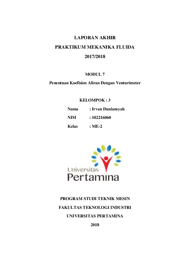 Pdf Penentuan Koefisien Aliran Dengan Venturimeter Irvan Daniansyah Academia Edu
