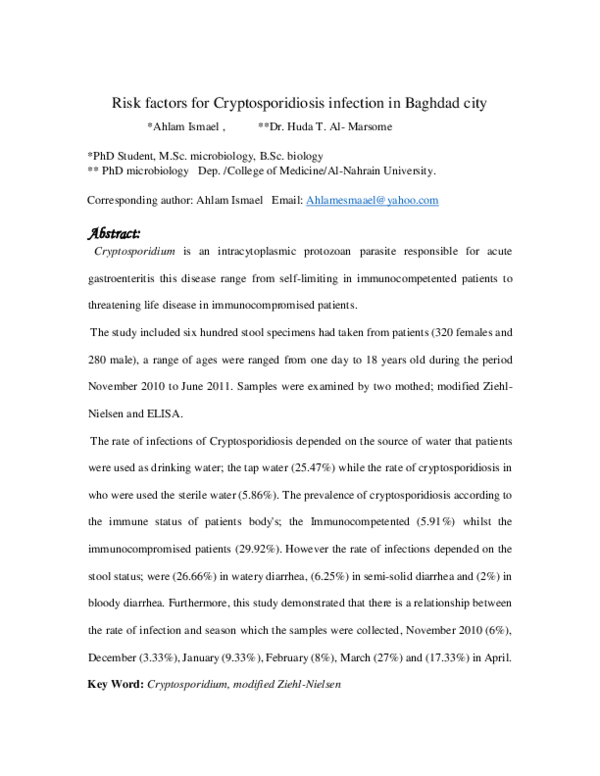 (PDF) Risk factors for Cryptosporidiosis infection in Baghdad city