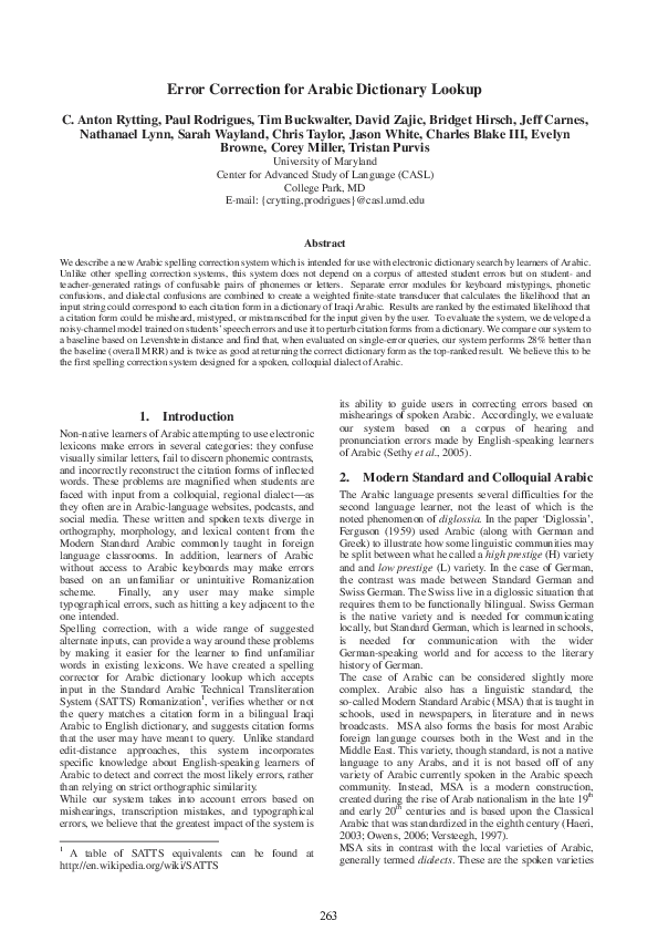 (PDF) Error Correction for Arabic Dictionary Lookup
