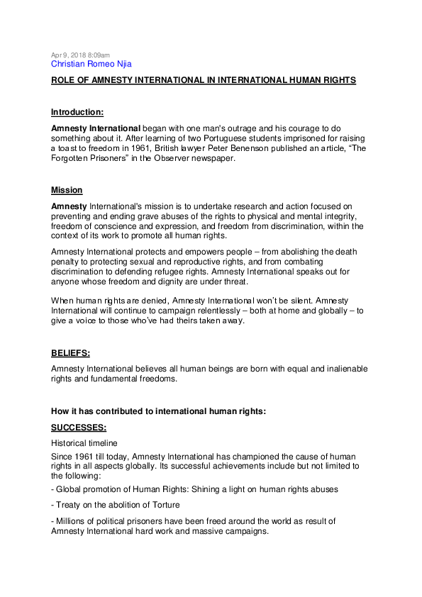 (DOC) ROLE OF AMNESTY INTERNATIONAL IN INTERNATIONAL HUMAN RIGHTS