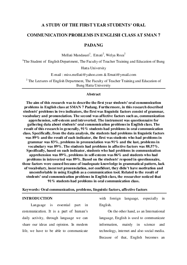 (PDF) A STUDY OF THE FIRST YEAR STUDENTS' ORAL COMMUNICATION PROBLEMS
