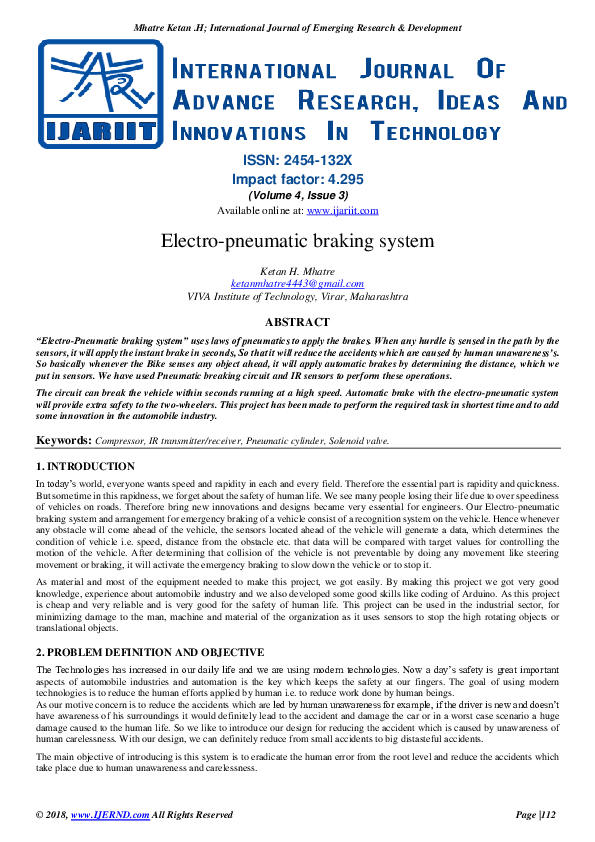(PDF) Electropneumatic braking system Ijariit Journal Academia.edu