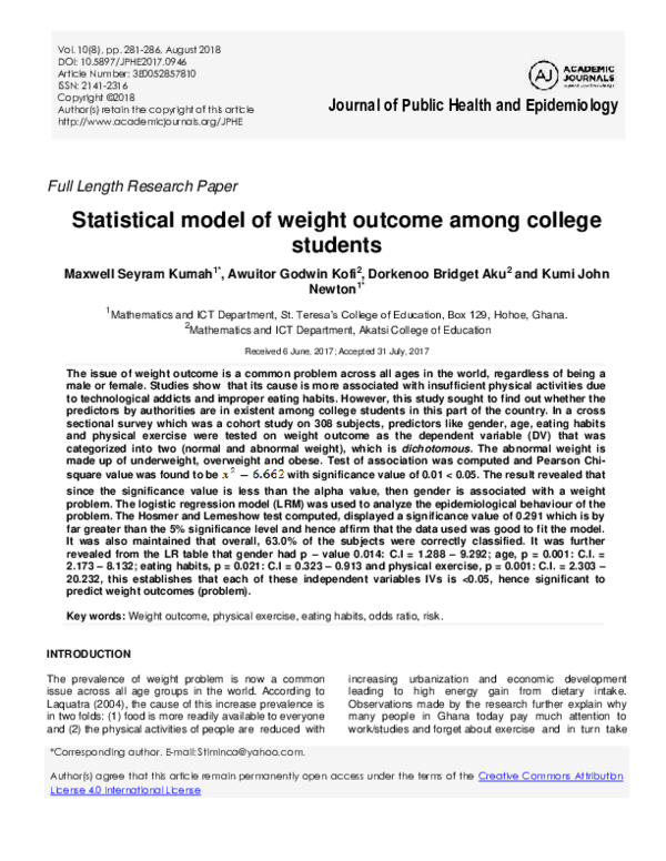 (PDF) Journal of Public Health and Epidemiology Statistical model of ...