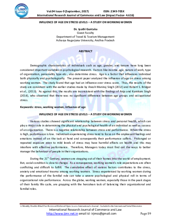 (PDF) INFLUENCE OF AGE ON STRESS LEVELS – A STUDY ON WORKING WOMEN ...