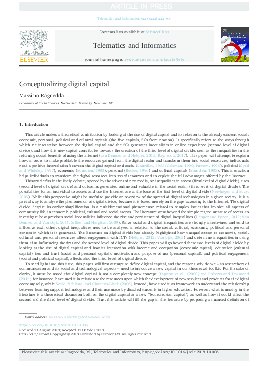 (PDF) Conceptualizing digital capital (Telematics and Informatics