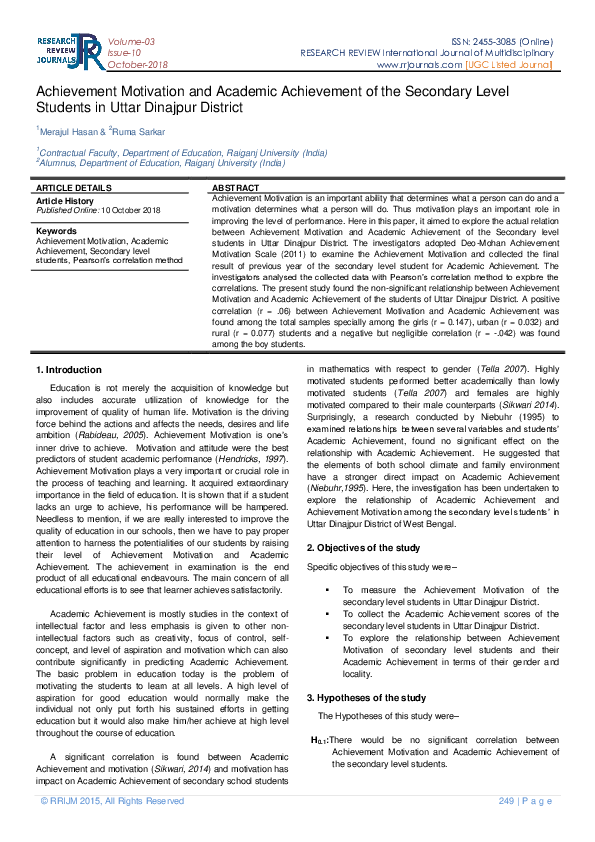 (PDF) Achievement Motivation and Academic Achievement of the Secondary ...