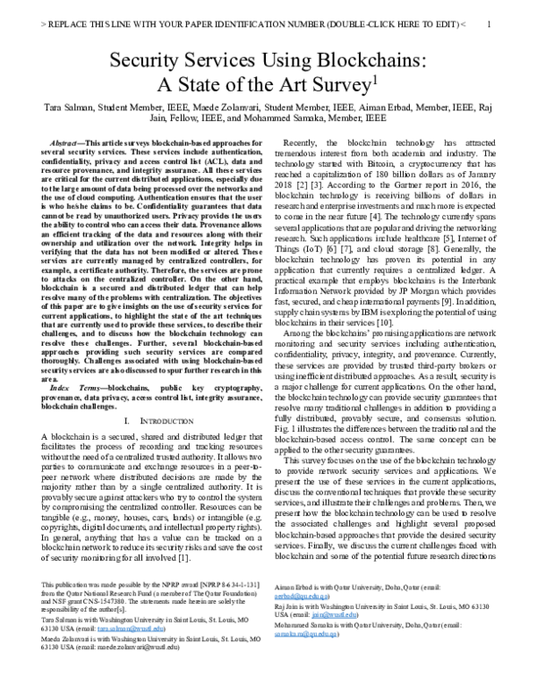 (PDF) Security Services Using Blockchains: A State of the Art Survey