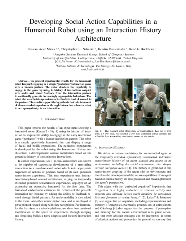 (PDF) Developing social action capabilities in a humanoid robot using ...
