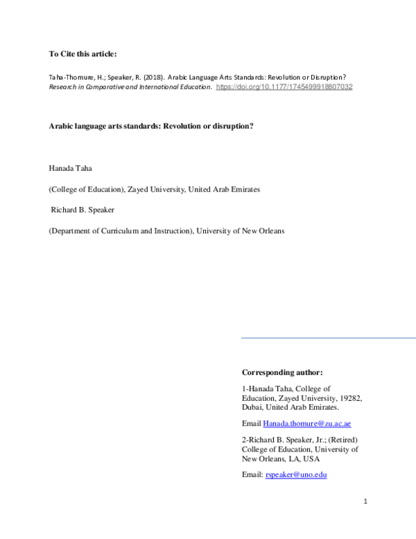 (PDF) Arabic language arts standards Revolution or disruption Hanada
