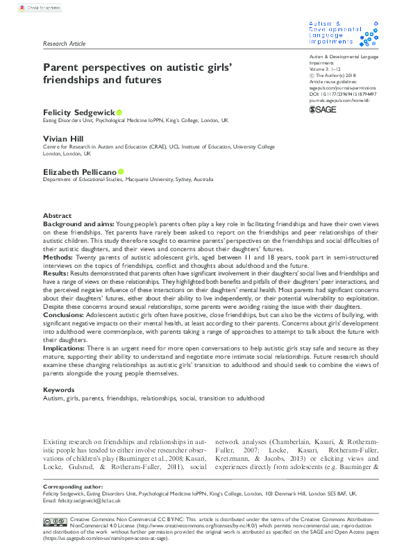 (PDF) Parent perspectives on autistic girls' friendships and futures