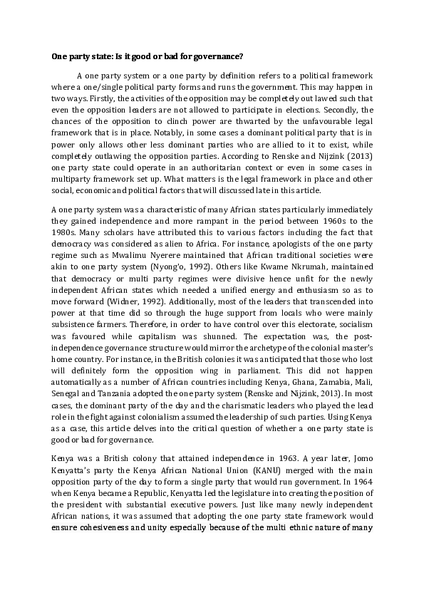 (PDF) One party state Is it good or bad for governance Dr. Margaret