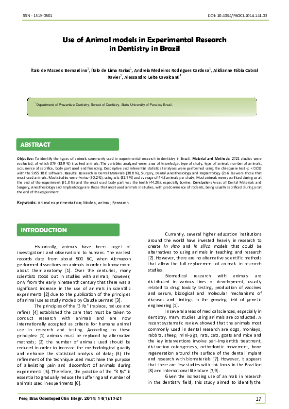 (PDF) Use of animal models in experimental research in dentistry in
