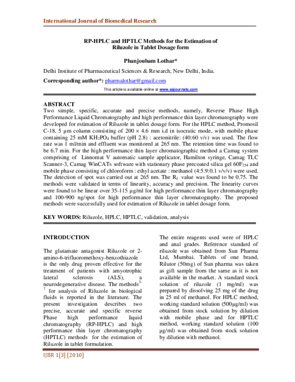(PDF) RP-HPLC and HPTLC Methods for the Estimation of Riluzole in ...