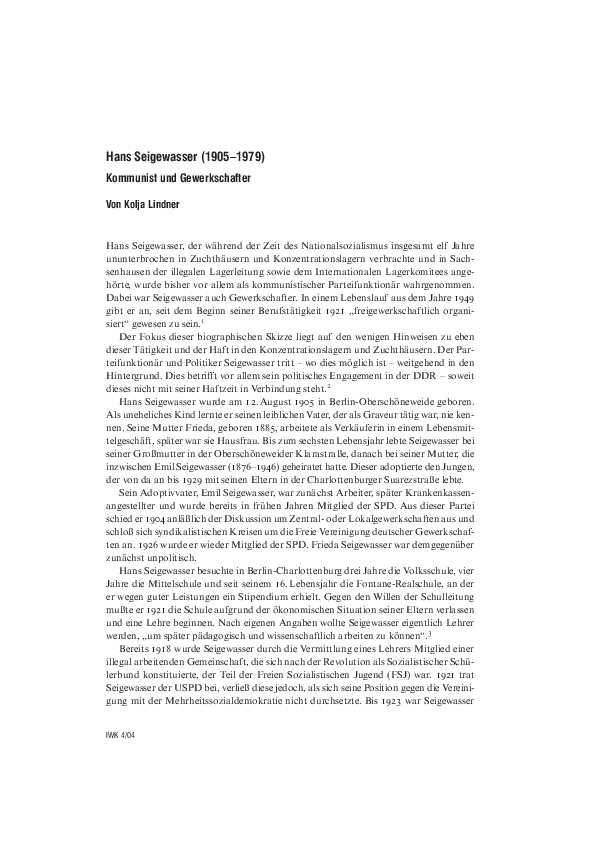 (PDF) Hans Seigewasser. Kommunist und Gewerkschafter