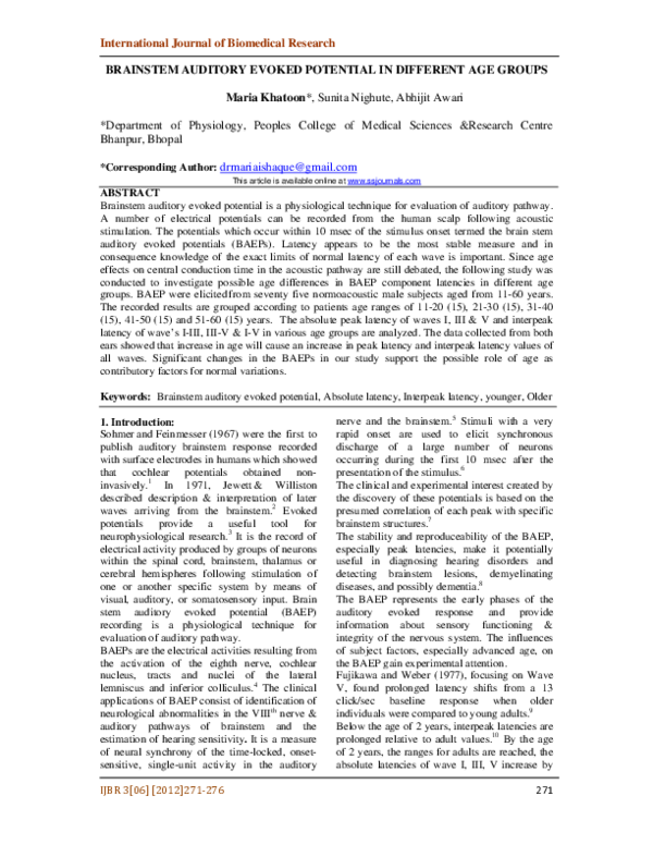 (PDF) BRAINSTEM AUDITORY EVOKED POTENTIAL IN DIFFERENT AGE GROUPS