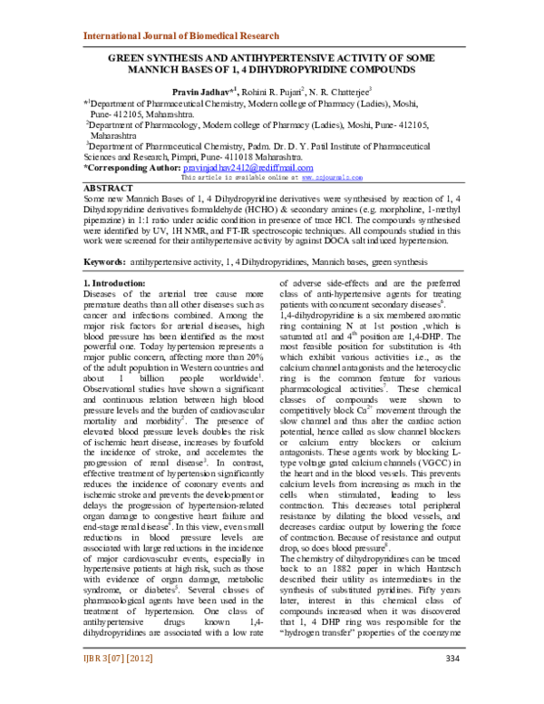 (PDF) GREEN SYNTHESIS AND ANTIHYPERTENSIVE ACTIVITY OF SOME MANNICH ...