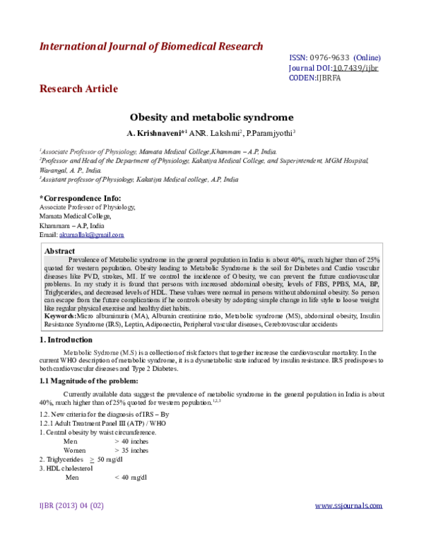 (PDF) Obesity and metabolic syndrome
