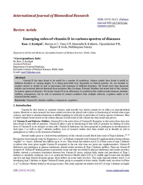 (PDF) Emerging roles of vitamin D in various spectra of diseases