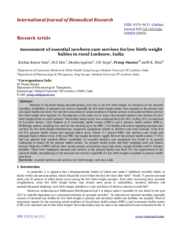 (PDF) Assessment of essential newborn care services for low birth weight babies in rural Lucknow