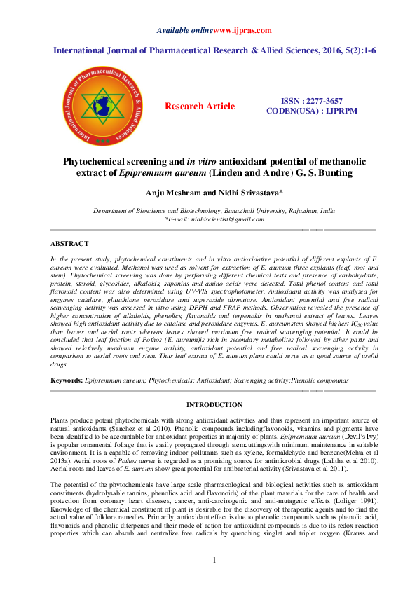 (PDF) Phytochemical screening and in vitro antioxidant potential of ...