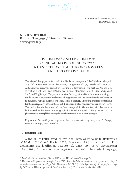 (PDF) POLISH REŻ AND ENGLISH RYE CONCEALED IN POLISH RŻYSKO: A CASE ...