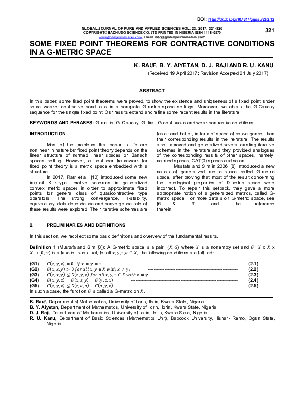 PDF) SOME FIXED POINT THEOREMS FOR CONTRACTIVE CONDITIONS IN A G
