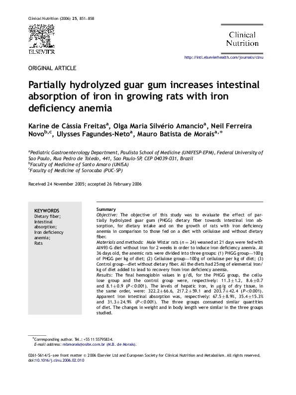 (PDF) Partially hydrolyzed guar gum increases intestinal absorption of iron in growing rats with