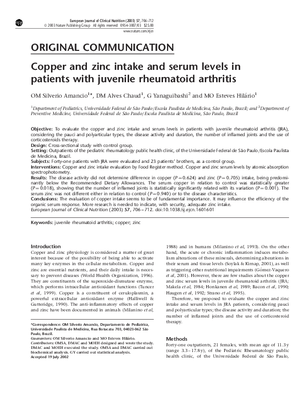 (PDF) Copper and zinc intake and serum levels in patients with juvenile ...