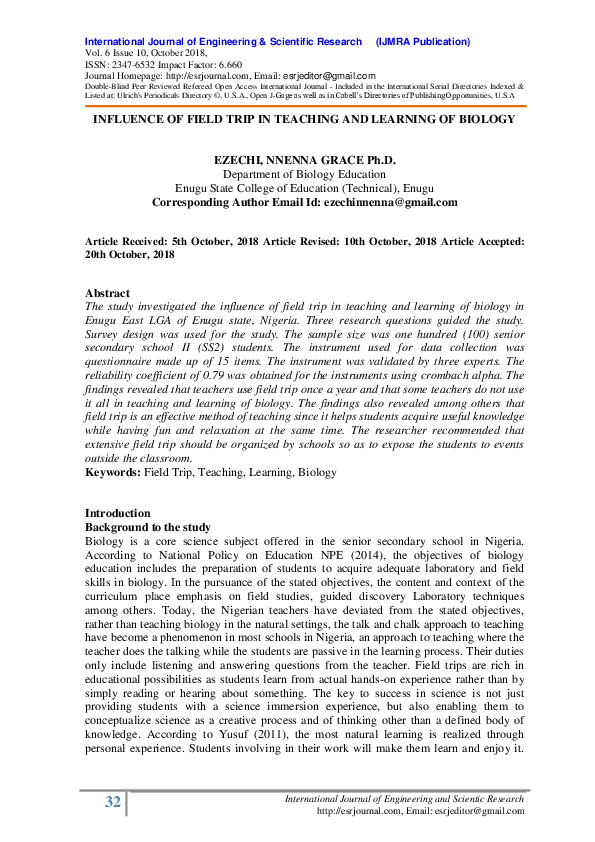 (PDF) INFLUENCE OF FIELD TRIP IN TEACHING AND LEARNING OF BIOLOGY