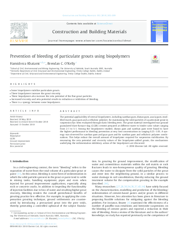 (PDF) Prevention of bleeding of particulate grouts using biopolymers
