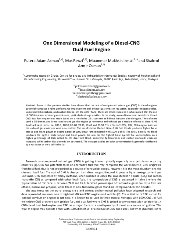 (PDF) One dimensional modeling of a diesel CNG dual fuel engine
