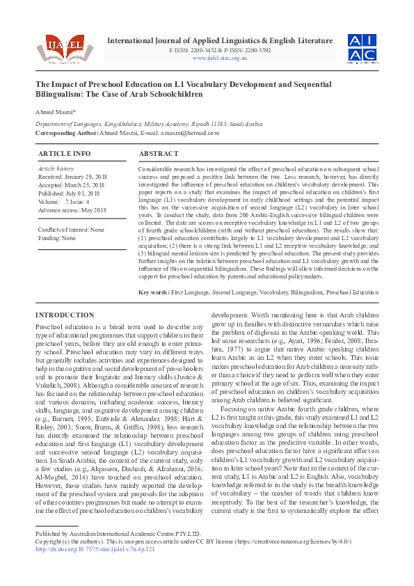 (PDF) The Impact of Preschool Education on L1 Vocabulary Development ...